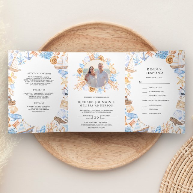 Invitation Trois Volets Aquarelle Cadre nautique Photo Collage Mariage (Créateur téléchargé)