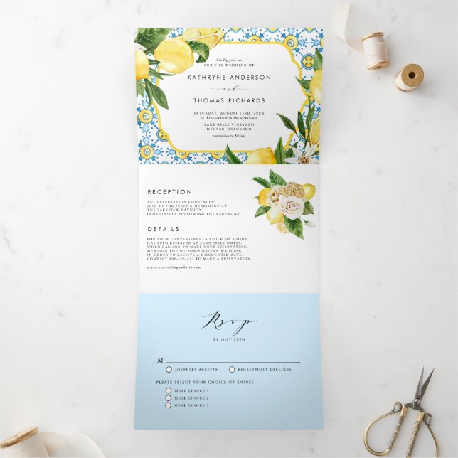 Invitation Trois Volets Aquarelle Citron Méditerranée Mariage d'été (Intérieur)