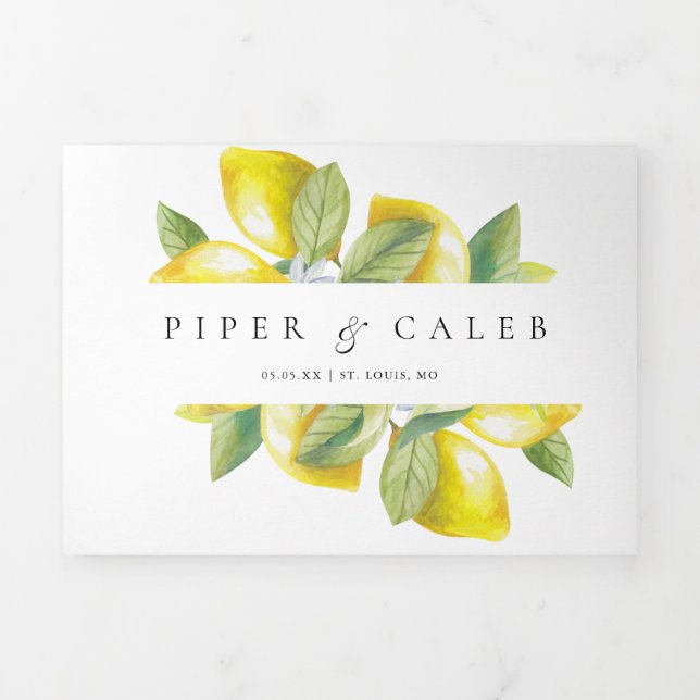 Invitation Trois Volets Aquarelle Citrus Lemon BlossMariage (Page de couverture)