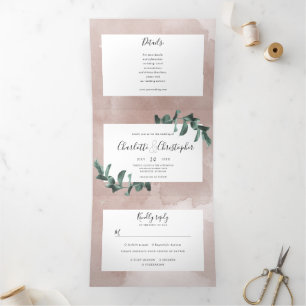 Invitation Trois Volets aquarelle d'eucalyptus rose tout en un mariage