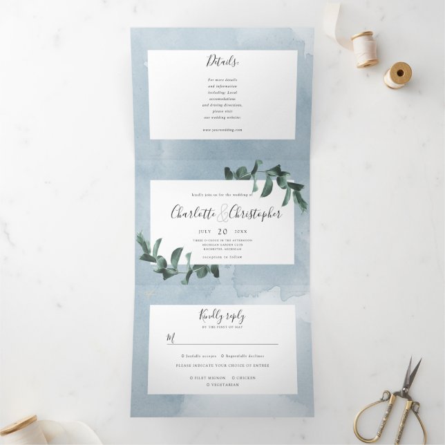 Invitation Trois Volets aquarelle eucalyptus bleu tout en un mariage (Intérieur)