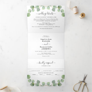 Invitation Trois Volets Aquarelle Eucalyptus & Mariage classique Gold