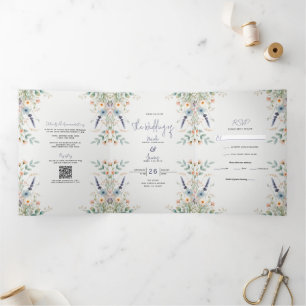 Invitation Trois Volets Aquarelle Floral Fleurs Sauvages Mariage de Printe