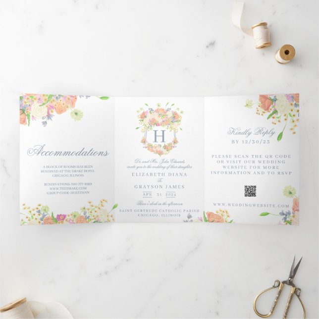 Invitation Trois Volets Aquarelle Floral Jardin Mariage Crest (Intérieur)