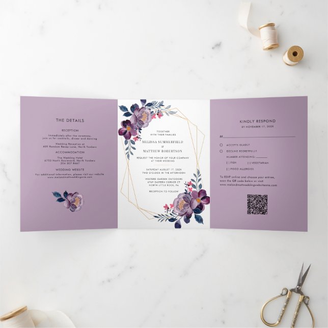 Invitation Trois Volets Aquarelle Floral moderne QR Code Mariage (Intérieur)