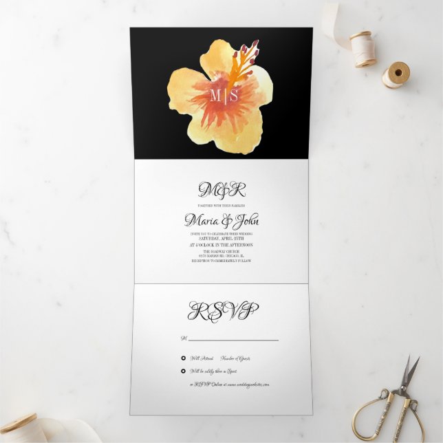 Invitation Trois Volets Aquarelle Hibiscus Été Tropique Jaune Orange (Intérieur)