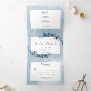 Invitation Trois Volets aquarelle indigo bleu rsvp attaché