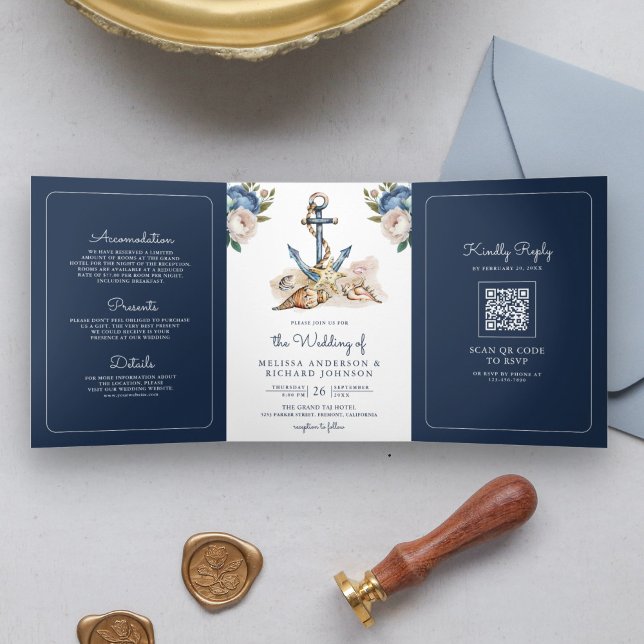 Invitation Trois Volets Aquarelle Marine bleu Ancre florale QR Code Mariag (Créateur téléchargé)