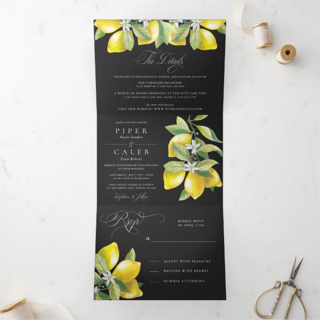 Invitation Trois Volets Aquarelle noire Citrus Lemon Blossom Mariage (Intérieur)