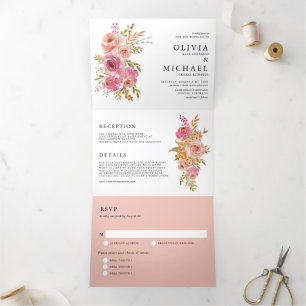Invitation Trois Volets Aquarelle orange et rose Mariage de fleurs d'autom