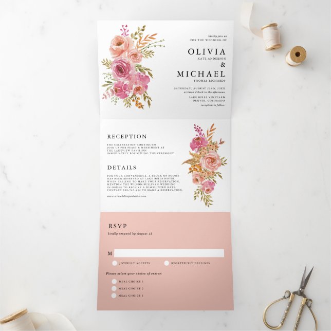 Invitation Trois Volets Aquarelle orange et rose Mariage de fleurs d'autom (Intérieur)