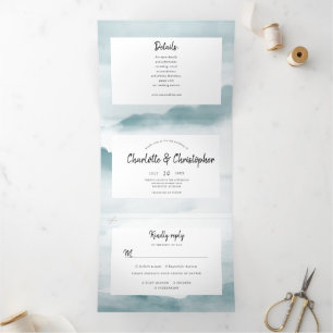 Invitation Trois Volets Aquarelle paysage bleu pâle tout en un mariage