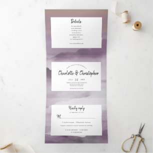 Invitation Trois Volets Aquarelle paysage rose pâle tout en un mariage