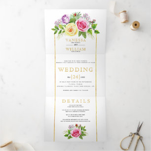 Invitation Trois Volets Aquarelle rose bouquet or lignes mariage floral