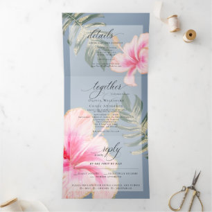 Invitation Trois Volets Aquarelle rose rustique Hibiscus Floral Mariage Tr