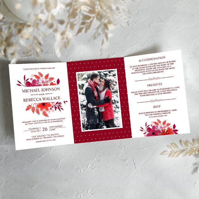 Invitation Trois Volets Aquarelle rouge Crimson Mariage floral photo (Créateur téléchargé)