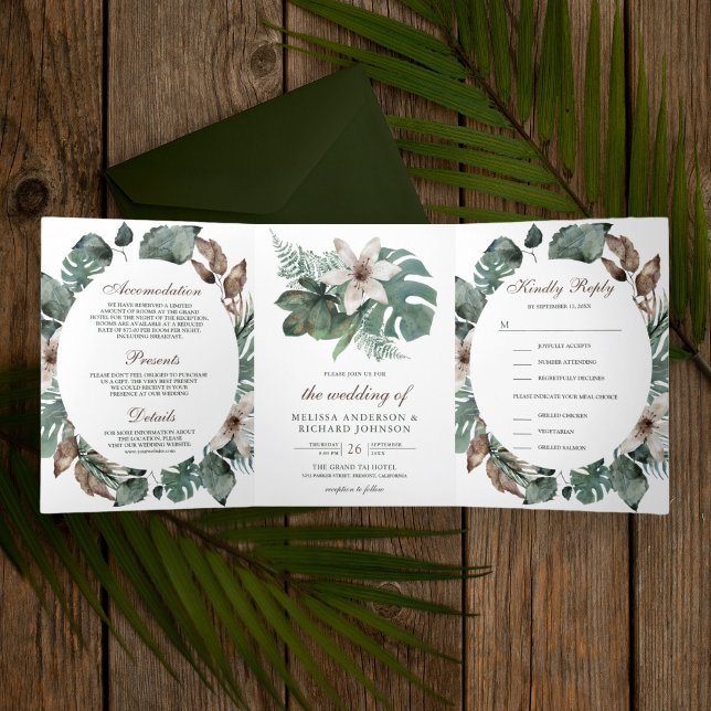 Invitation Trois Volets Aquarelle rustique Feuille tropical Mariage floral (Créateur téléchargé)