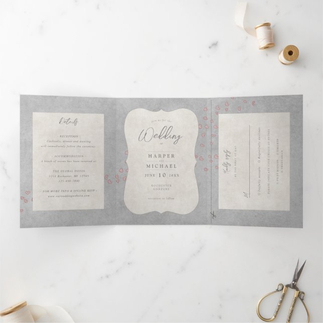 Invitation Trois Volets aquarelle tandem vélo avec mariage de coeur (Intérieur)