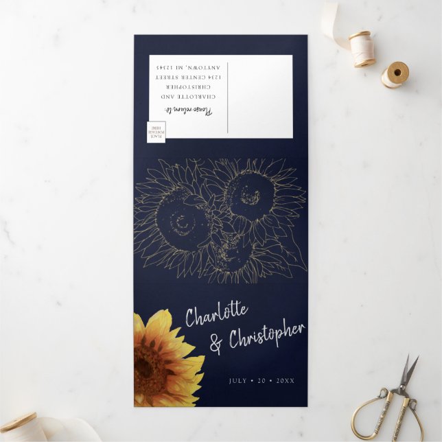 Invitation Trois Volets Aquarelle tournesol bleu marine tout en un mariage (Extérieur)