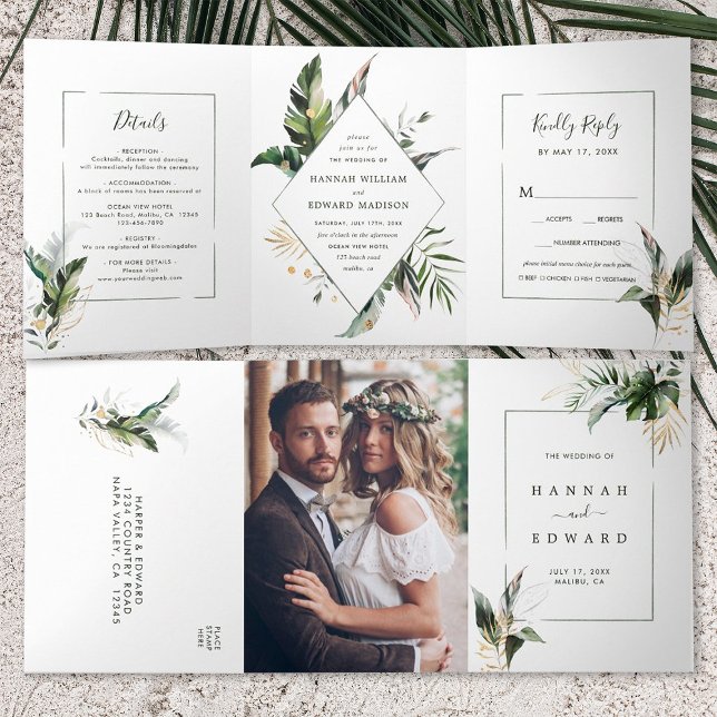 Invitation Trois Volets Aquarelle tropicale Feuillage vert Mariage (Inside & Outside)