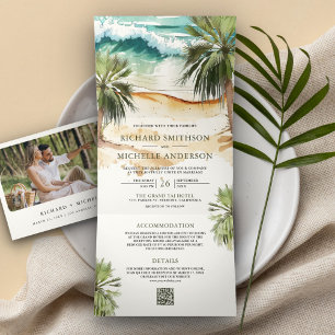 Invitation Trois Volets Aquarelle tropicale Palm Beach QR Code Mariage
