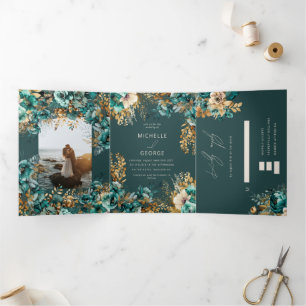 Invitation Trois Volets Aquarelle Turquoise or Floral