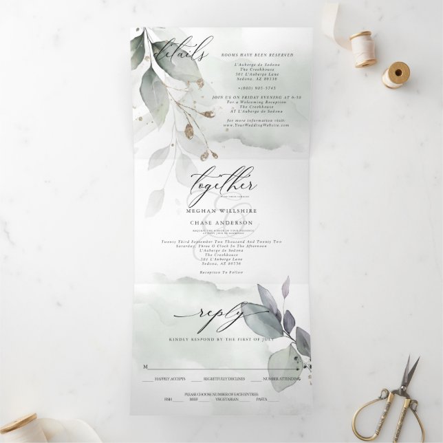 Invitation Trois Volets Aquarelle Vert feuille tout en un MARIAGE (Intérieur)