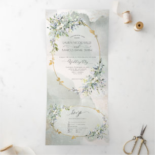 Invitation Trois Volets Aquarelle Vert Floral Or Oval Frame