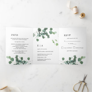 Invitation Trois Volets Aquarelle verte Eucalyptus Mariage Feuille