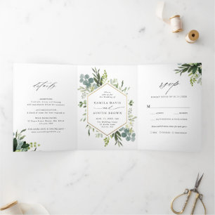 Invitation Trois Volets Aquarelle verte Hexagon or photo Mariage