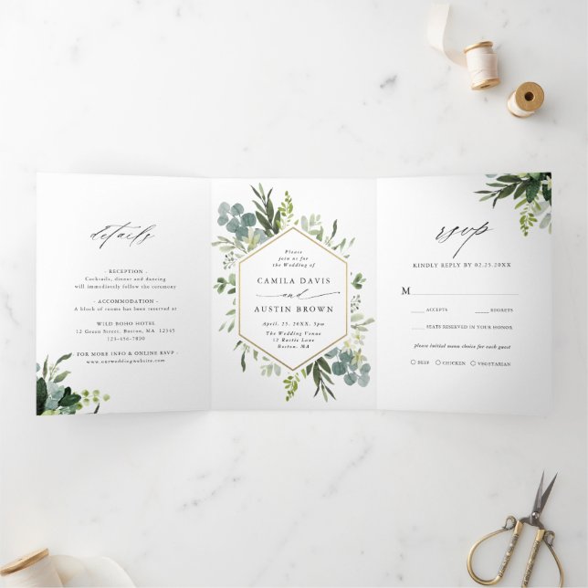 Invitation Trois Volets Aquarelle verte Hexagon or photo Mariage (Intérieur)