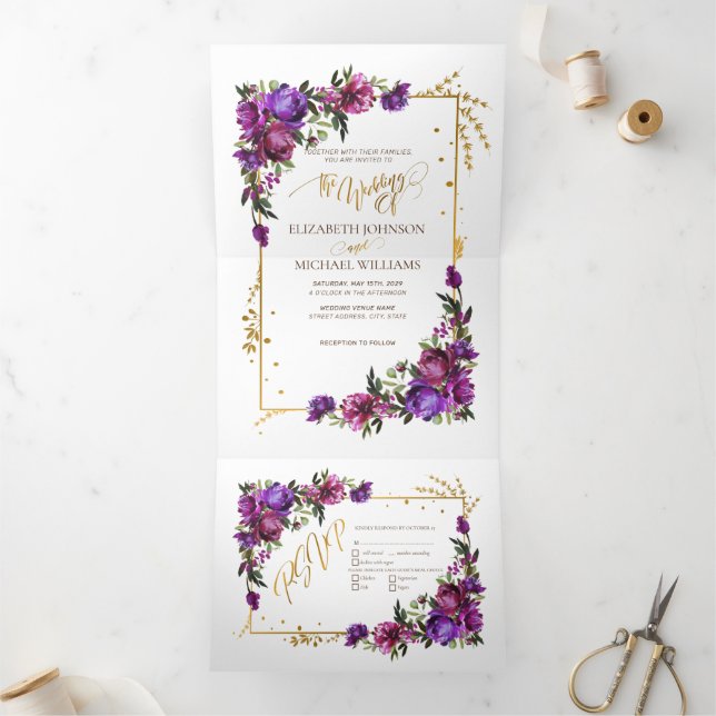 Invitation Trois Volets Aquarelle violet rose chaud or Script floral (Intérieur)