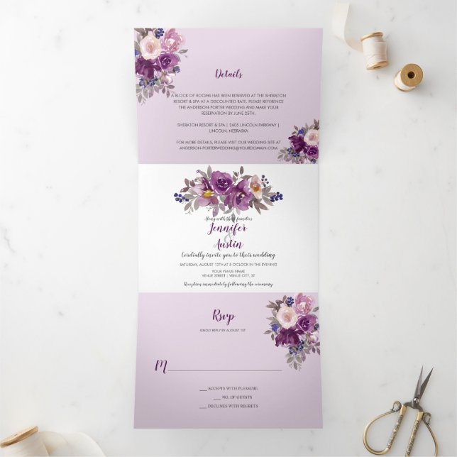 Invitation Trois Volets Aquarelle violet violet Mariage floral | (Intérieur)