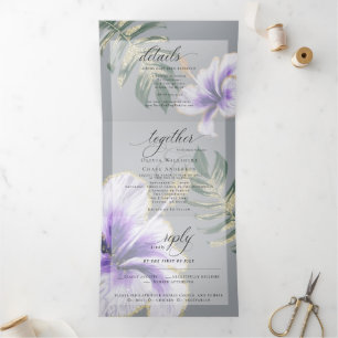 Invitation Trois Volets Aquarelle violette Hibiscus Floral Mariage