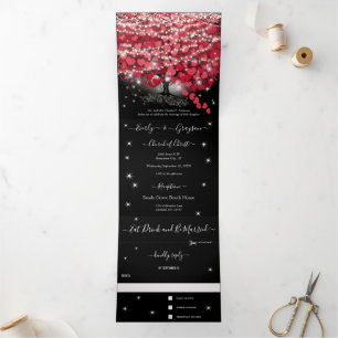 Invitation Trois Volets Arbre à feuilles de coeur rouge et rose sur Mariag