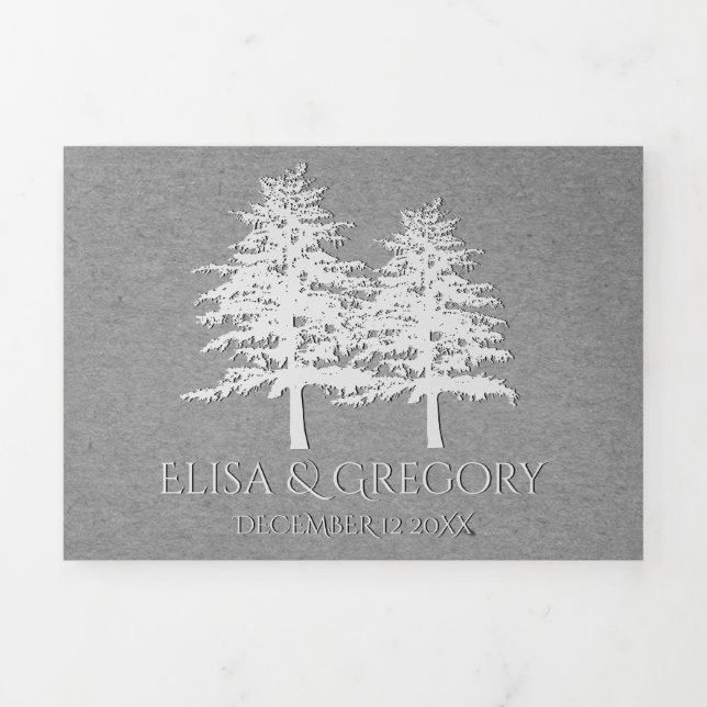 Invitation Trois Volets Arbres boisés gris papier kraft mariage d'hiver (Page de couverture)