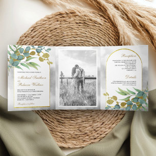 Invitation Trois Volets Arc d'or Rustique Eucalyptus Feuille Mariage photo