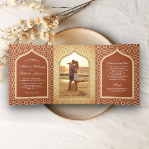 Invitation Trois Volets Arc en treillis rustique boho indien en terre cuit