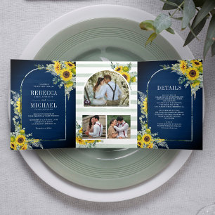 Invitation Trois Volets Arche de mariage en eucalyptus tournesol bleu mari