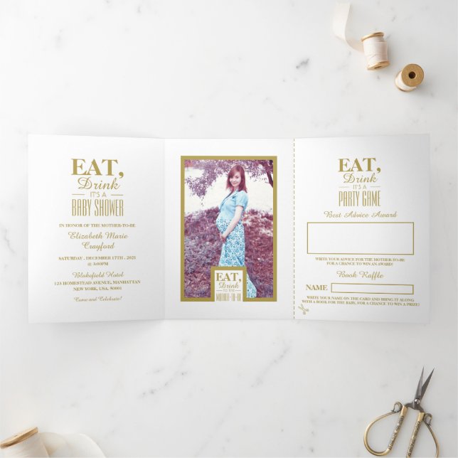 Invitation Trois Volets Art Déco Blanc & Or, Suite Baby shower Boissons (Intérieur)