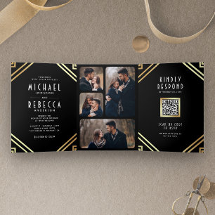 Invitation Trois Volets Art Déco Géométrique Code QR Mariage Noir Or