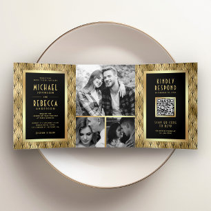Invitation Trois Volets Art Déco Géométrique Code QR Mariage Noir Or