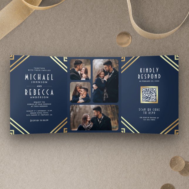 Invitation Trois Volets Art Déco géométrique Marine Blue Gold QR Code Mari (Créateur téléchargé)