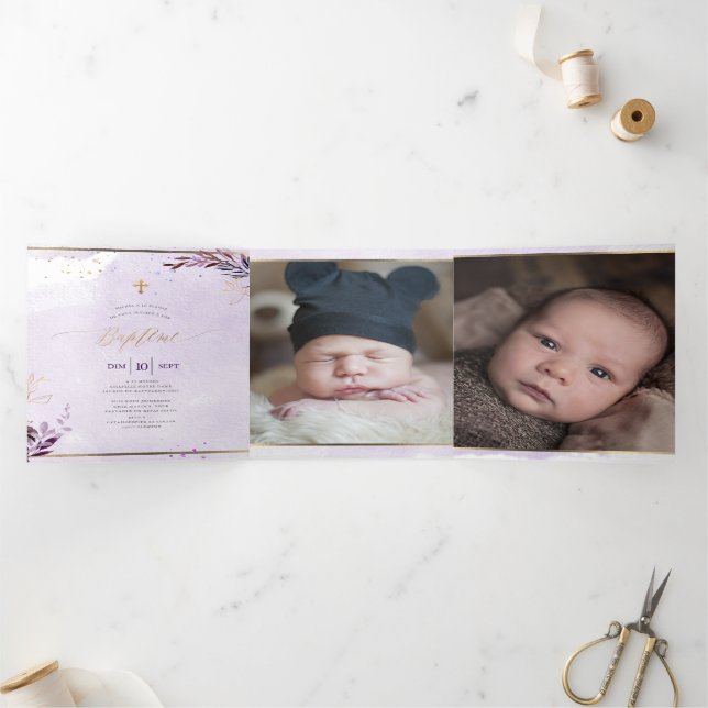 Invitation Trois Volets Aubergine Couronne de Feuillage Aquarelle, Bapteme (Intérieur)