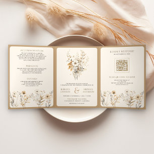 Invitation Trois Volets Automne Boho Fleur sauvage photo QR Code Mariage
