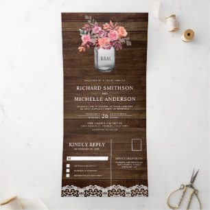 Invitation Trois Volets Barne Rustique Bois Marsala Floral Mason Jar Maria