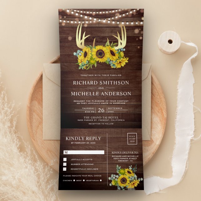 Invitation Trois Volets Barre Bois Sunflower or Floral Antler Mariage (Créateur téléchargé)