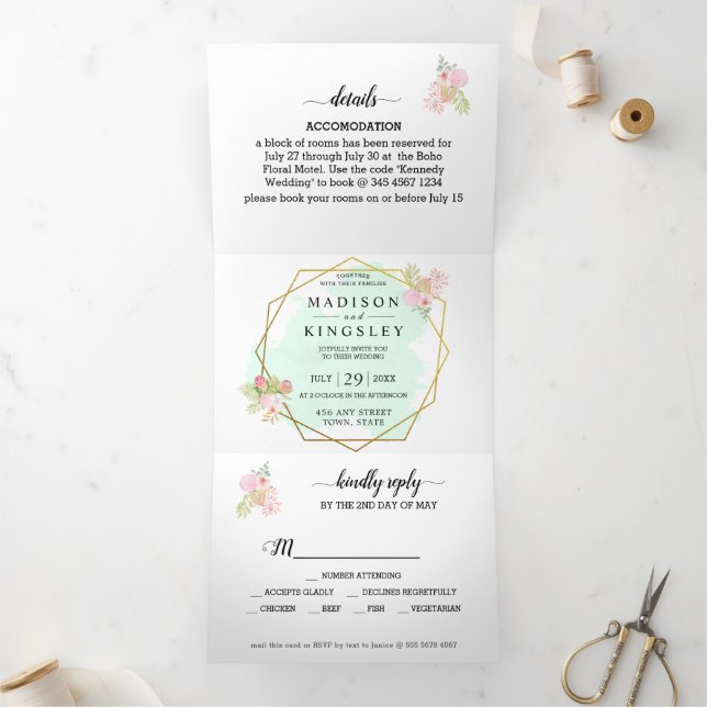 Invitation Trois Volets Belle Lime Green 💚 Élégant Mariage Boho (Intérieur)