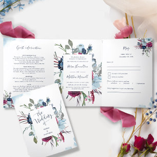 Invitation Trois Volets Berry Burgundy Bleu tout en un Mariage avec RSVP T