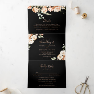 Invitation Trois Volets Black Forme Royal Floral Mariage